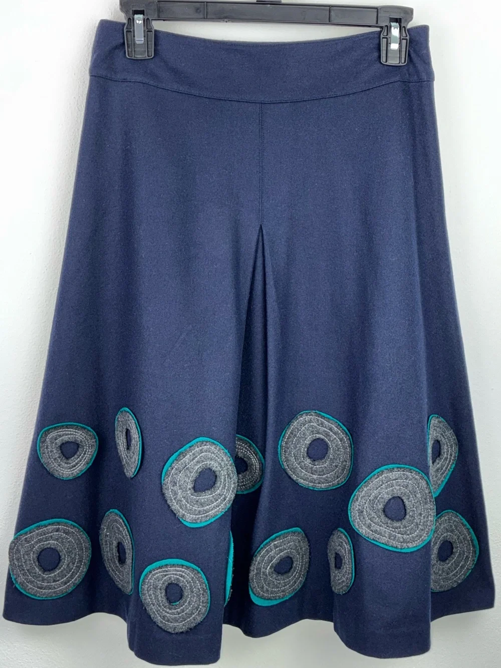 Boden Navy‎ Wool Blend A-Line Midi Skirt Teal Circle Appliqué Size 8